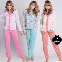 Kit 3 Pijamas Amamentação Longo Pós Cirúrgico Estampado