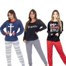 Kit 3 Pijamas De Frio Feminino Longo Estampado Personagens Desenhos