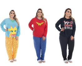 Kit 3 Pijamas De Frio Feminino Longo Plus Size Estampado