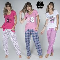 Kit 3 Pijamas Feminino Calça Longa Estampada Blusa Manga Curta Kit 3 Pijamas Feminino Calça Longa Estampada Blusa Manga Curta