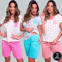 Kit 3 Pijamas Feminino Curto Vekyo Modas Adulto Estampado Short Verão Baby Doll Roupa de Dormir Linha Noite
