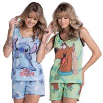 Kit 3 Pijamas Feminino Curto Vekyo Modas Baby Doll Regata e Short Estampa Desenho Animado
