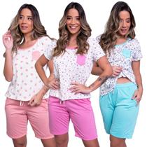 Kit 3 Pijamas Feminino Estampado Adulto Blusa Manga Curta e Bermudinha