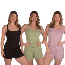 Kit 3 Pijamas Feminino Malha Suede Canelado com Renda Baby Doll Verão Curto Rendinha Sexy Sensual Short Dool Confortável