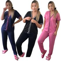 Kit 3 Pijamas Feminino manga curta e Calça com Botão Inverno