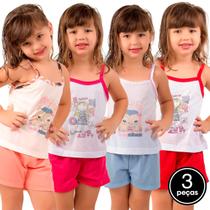 Kit 3 Pijamas Infantil Curto Vekyo Modas Menina Roupa de Criança Short e Regata Alça Malha