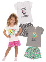 Kit 3 Pijamas Infantil Menina Verão em Meia Malha Estampado