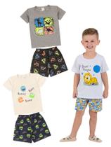 Kit 3 Pijamas Infantil Menino Verão em Meia Malha Estampado Kit 3 Pijamas Infantil Menino Verão em Meia Malha Estampado