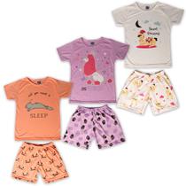 Kit 3 Pijamas Infantis Curtos Verão Estampa Brilha Escuro Feminina