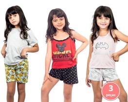 Kit 3 pijamas infantis feminino baby doll menina personagens desenho heroína Kit 3 pijamas infantis feminino baby doll menina personagens desenho heroína
