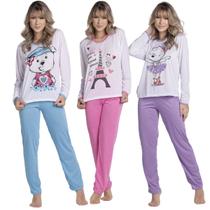Kit 3 Pijamas Longo Malha Estampado Feminino Inverno Blusa e Calça