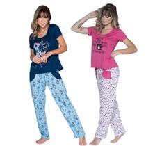 Kit 3 Pijamas Longo Vekyo Modas Estampada Manga Curta Feminino Calça e Com Bolso Inverno Kit 3 Pijamas Longo Vekyo Modas Estampada Manga Curta Feminino Calça e Com Bolso Inverno