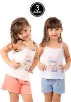 Kit 3 Pijamas Malha Alça Infantil Curto Short e Regata