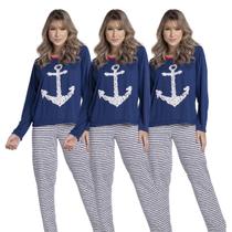 Kit 3 Pijamas Malha Feminino Longo Âncora Calça e Blusa Inverno