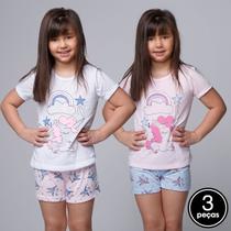 Kit 3 Pijamas Malha Infantil Feminino Estampa Unicórnio