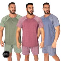 Kit 3 Pijamas Masculino Curto Vekyo Modas Adulto Conjunto Short e Camisa Manga Curta Verão Roupa de Dormir