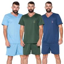 Kit 3 Pijamas Masculino Liso Curto Short e Camisa Verão - Bella Fiore Modas