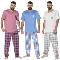 Kit 3 Pijamas Masculino Vekyo Modas Adulto Blusa Manga Curta Lisa Calça Longa Comprida Estampada Roupa de Dormir
