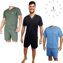 Kit 3 Pijamas Masculinos Manga Curta Adulto em Malha Curto