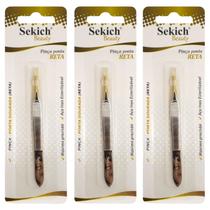 Kit 3 Pinça Aço Inox Ponta Dourada Reta 1305 - Sekich