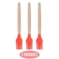 Kit 3 Pincel Culinário Silicone Vermelho Cabo Bambu Cheff