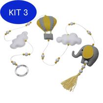 Kit 3 Pingente De Cortina Elefante Balão Cinza Bebê Infantil