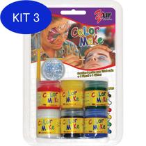 Kit 3 Pintura Facial Liquida 6 Cores + Pincel + Gliter - Planeta Brinquedos