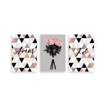 Kit 3 Placa Decorativa Quadro Amor Fé Gratidão Buquê Triângulos Mosaico Preto Rosa