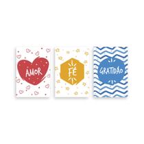 Kit 3 Placa Decorativa Quadro Amor Fé Gratidão Coração Estrela Chevron Azul Amarelo Vermelho