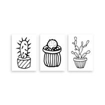 Kit 3 Placa Decorativa Quadro Cactos Linhas Preto Branco Plantas Sala Quarto A4 20cm x 30cm
