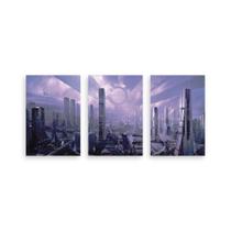 Kit 3 Placa Decorativa Quadro Cidade Futurista Nave Sonda Espacial Tecnologia Tons De Roxo