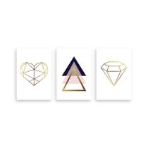 Kit 3 Placa Decorativa Quadro Coração Diamante Geométrico Triângulos Tons De Roxo