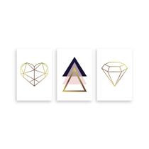 Kit 3 Placa Decorativa Quadro Coração Diamante Geométrico Triângulos Tons De Roxo