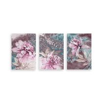 Kit 3 Placa Decorativa Quadro Flores Abstrato Floral Rosa Tons Colorido Plantas