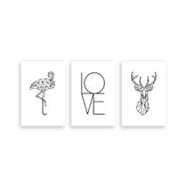 Kit 3 Placa Decorativa Quadro Love Cervo Flamingo Geométrico Preto e Branco Animais