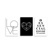 Kit 3 Placa Decorativa Quadro Love Coração O Essencial É invisível Aos Olhos Preto Branco