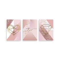 Kit 3 Placa Decorativa Quadro Love Diamante Coração Rosa Rose Gold Tons Sala Quarto