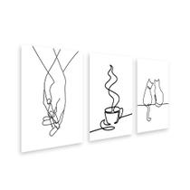 Kit 3 Placa Decorativa Quadro Mãos Entrelaçadas Gato Casal Café Linhas Preto Branco