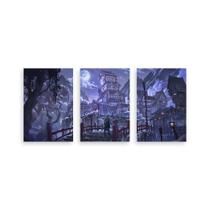 Kit 3 Placa Decorativa Quadro Samurai Noite Roxo Lua Casa Japonês Escadas Árvores