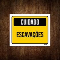 Kit 3 Placa Sinalização - Cuidado Escavações Amarelo