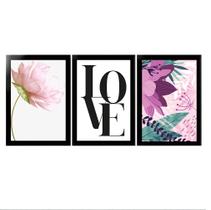 Kit 3 Placas Abstrato Love Florido Moderno Com Moldura 20x30 - Leão Placas Decorativas