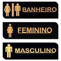 Kit 3 Placas Acrílicas para Banheiro Feminino, Masculino e Unissex