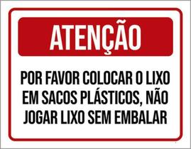 Kit 3 Placas Atenção Por Favor Colocar Lixo Sacos Plásticos