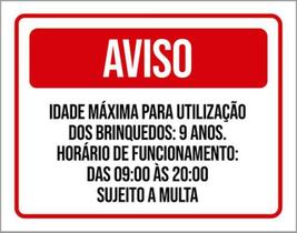 Kit 3 Placas Aviso Idade Máxima Utilização Brinquedos 9 Anos