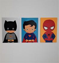 Kit 3 Placas Batman, Superman e Homem-Aranha Laqueada 3D Mdf - 30 x20 cm