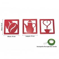 Kit 3 Placas Decorativas Cantinho do Café 10x10CM MDF Fita Dupla Face Vermelho Kit 3 Placas Decorativas Cantinho do Café 10x10CM MDF Fita Dupla Face Vermelho