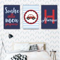 Kit 3 Placas decorativas quarto infantil (menino) - Sonhe Alto / Nome / Carrinho