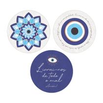 Kit 3 Placas Decorativas Redondas 24,5cm Olho Grego e Mandala Azul