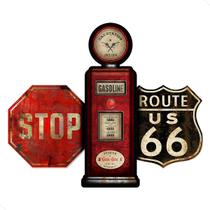 Kit 3 Placas Decorativas: Rota 66 + Stop + Bomba De Gasolina