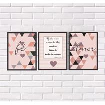 Kit 3 Placas Decorativas Sala - Fé, Amor e Frase da Bíblia -20x30 cm